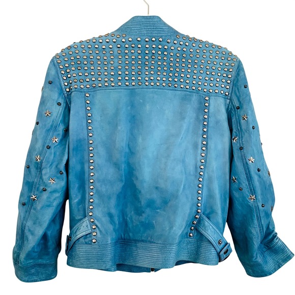 Double D Ranch RARE Turquoise Studded Star Accent Genuine Leather Cropped Jacket - Picture 9 of 10